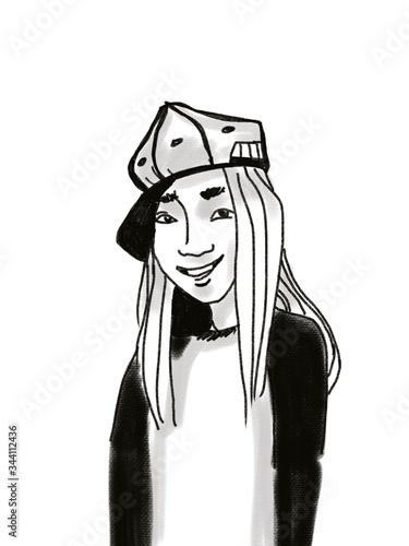 sketch portrait of young teenager girl in cap smiling isolated on white
