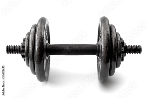 Muscular hypertrophy, physical activity and muscle gain concept with dumbbell isolated on white background with clipping path cutout