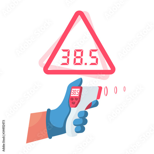 Temperature check concept. Symptoms of disease. Attention high temperature. Patient with coronavirus. Non-contact thermometer in hand. Virus prevention. Epidemic 2019-ncov. Vector flat design.