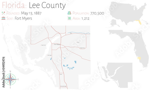 Large and detailed map of Lee county in Florida, USA. photo