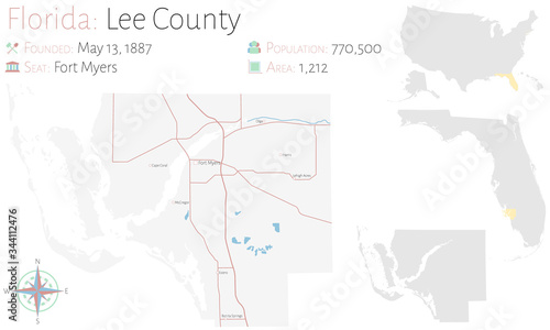 Large and detailed map of Lee county in Florida, USA.