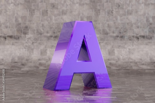 Violet 3d letter A uppercase. Glossy indigo letter on tile background. 3d rendered font character.