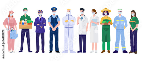 Thank You Essential Workers Concept. Various occupations people wearing face masks. Vector