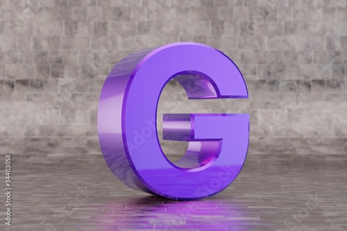 Violet 3d letter G uppercase. Glossy indigo letter on tile background. 3d rendered font character.