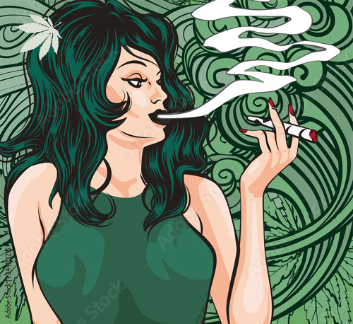  Green lady smoking joint with cannabis