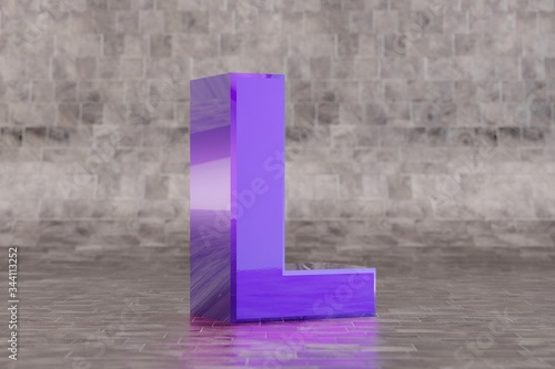 Violet 3d letter L uppercase. Glossy indigo letter on tile background. 3d rendered font character.
