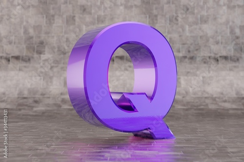 Violet 3d letter Q uppercase. Glossy indigo letter on tile background. 3d rendered font character.