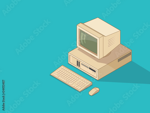 Vintage computer on screen color background