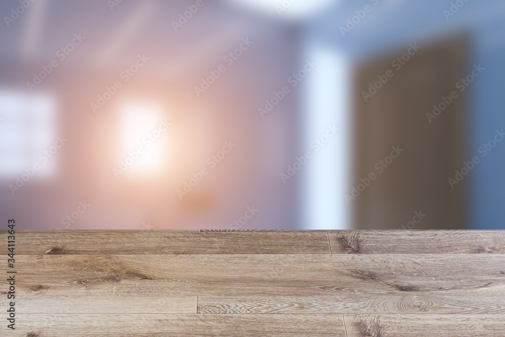 Empty interior with large window. Retro light bulb. The floor is of brown parquet. 3D rendering. wooden table. blurred background Empty interior with large window. Retro light bulb. The floor is of brown parquet. 3D rendering. wooden table. blurred background