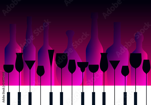 piano keyboard and cocktail glasses in a purple blue background with bottles silhouettes