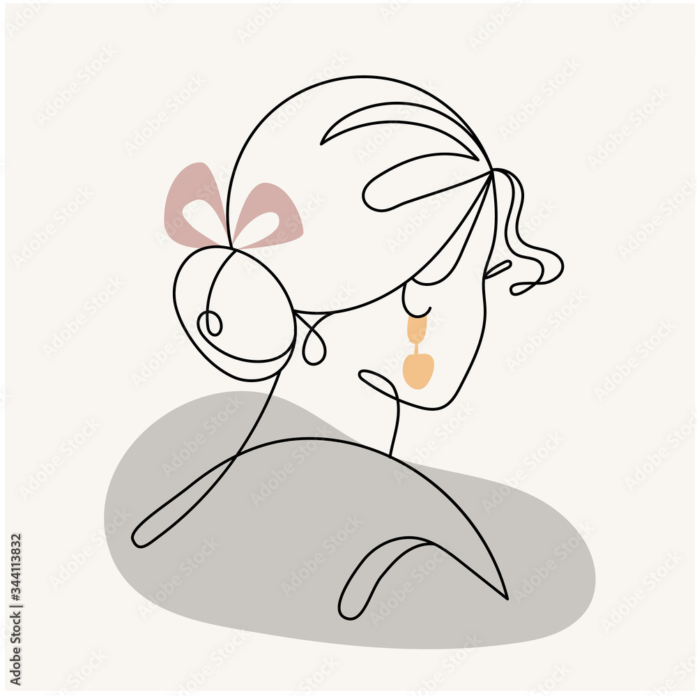 Modern abstract face.Silhouette of girl with a bow in a linear style. Pastel colors. Fashion poster in the style of minimalism. Contour. Vector isolated trendy illustrations with abstract backgrounds Modern abstract face.Silhouette of girl with a bow in a linear style. Pastel colors. Fashion poster in the style of minimalism. Contour. Vector isolated trendy illustrations with abstract backgrounds