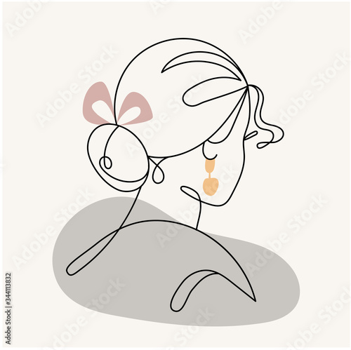 Modern abstract face.Silhouette of  girl with a bow in a linear style. Pastel colors. Fashion poster in the style of minimalism. Contour. Vector isolated trendy illustrations with abstract backgrounds