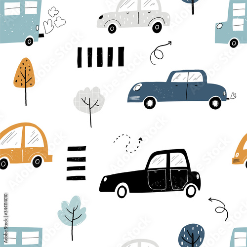Vector hand-drawn color seamless repeating children simple pattern with cars, arrows and trees in Scandinavian style road on a white background. Children's pattern with cars. Cars. Transport. Road