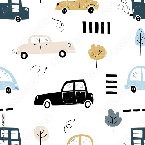 Vector hand-drawn color seamless repeating children simple pattern with cars, arrows and trees in Scandinavian style road on a white background. Children's pattern with cars. Cars. Transport. Road