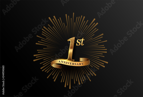 1st anniversary logotype with fireworks and golden ribbon, isolated on elegant background. vector anniversary for celebration, invitation card, and greeting card