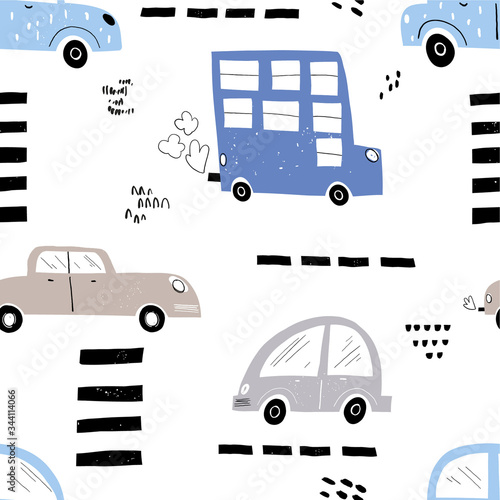 Vector hand-drawn color seamless repeating children simple pattern with cars, buses in Scandinavian style on a white background. Children's pattern with cars. Cars. Transport. Road.
