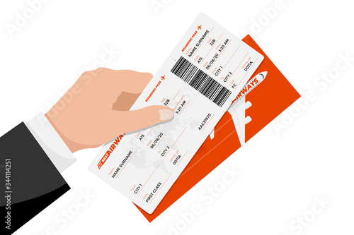 Businessman hand holding flight ticket boarding pass. Air travel and avia tourism document concept flat vector illustration photo