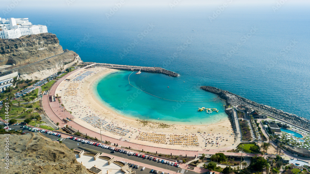 Beautiful view of the Playa de Amadores beach on Gran Canaria island. Magical beach view from above