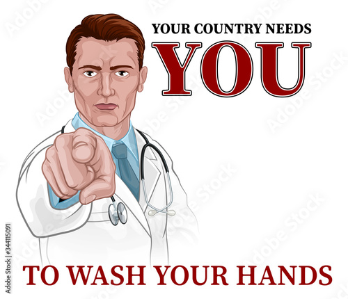 Photo A doctor pointing in a your country needs or wants you gesture with the message