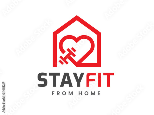 Stay fit from home logo template, Stay home and healthy, Home fitness, work out at home, Coronavirus Covid-19, quarantine motivational phrase. Vector illustration.