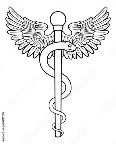 Rod of Asclepius or Aesculapius doctor medical symbol, often mislabelled as a caduceus. Features a snake curled around a staff. Also in this case features wings.