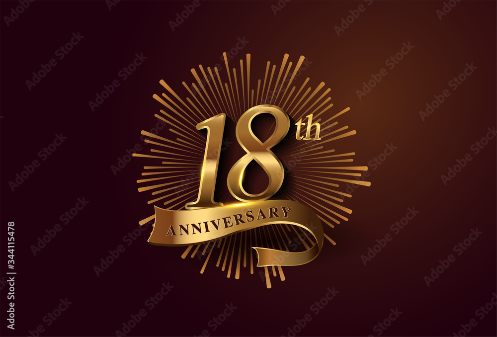 Naklejka premium 18th anniversary logotype with fireworks and golden ribbon, isolated on elegant background. vector anniversary for celebration, invitation card, and greeting card