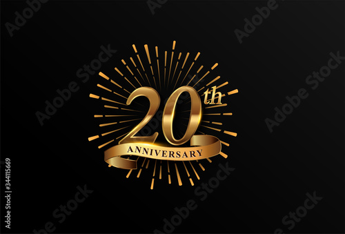 20th anniversary logotype with fireworks and golden ribbon, isolated on elegant background. vector anniversary for celebration, invitation card, and greeting card