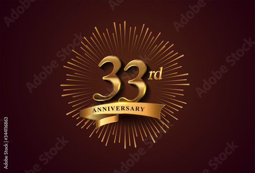 33rd anniversary logotype with fireworks and golden ribbon, isolated on elegant background. vector anniversary for celebration, invitation card, and greeting card