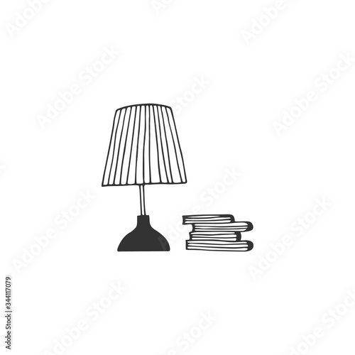 Table lamp and books. Vector sketch black and white illustration.