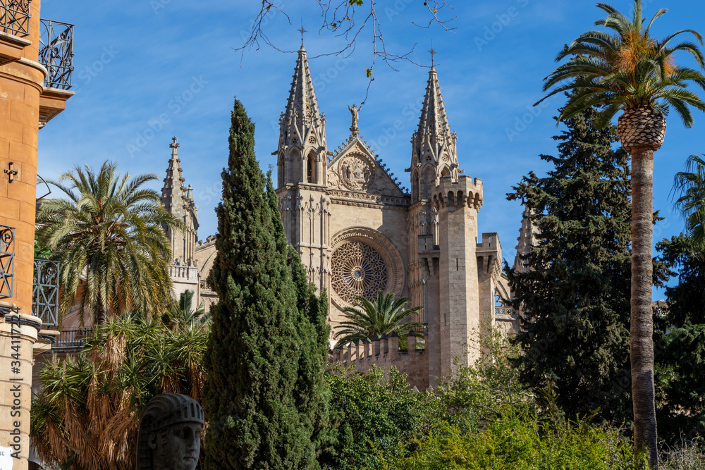 close up of Santa Maria Cathedral on a beautiful sunny day in april, Palma de Mallorca, Spain