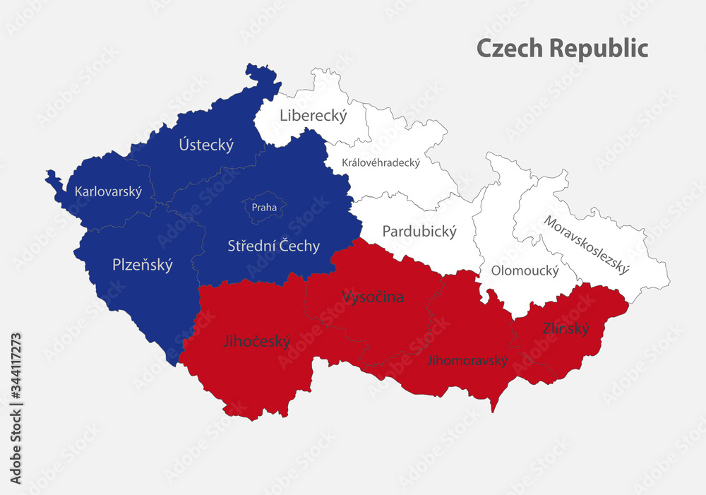 Map of the Czech Republic in the colors of the flag with administrative divisions vector