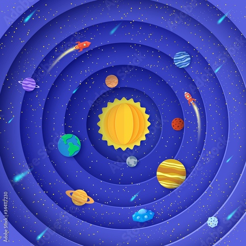 Solar system model in paper cut style. Round layers galaxy space with cartoon planets, two red polygonal rockets, comets and origami UFO. 3d vector background with flying saucer in starry night sky