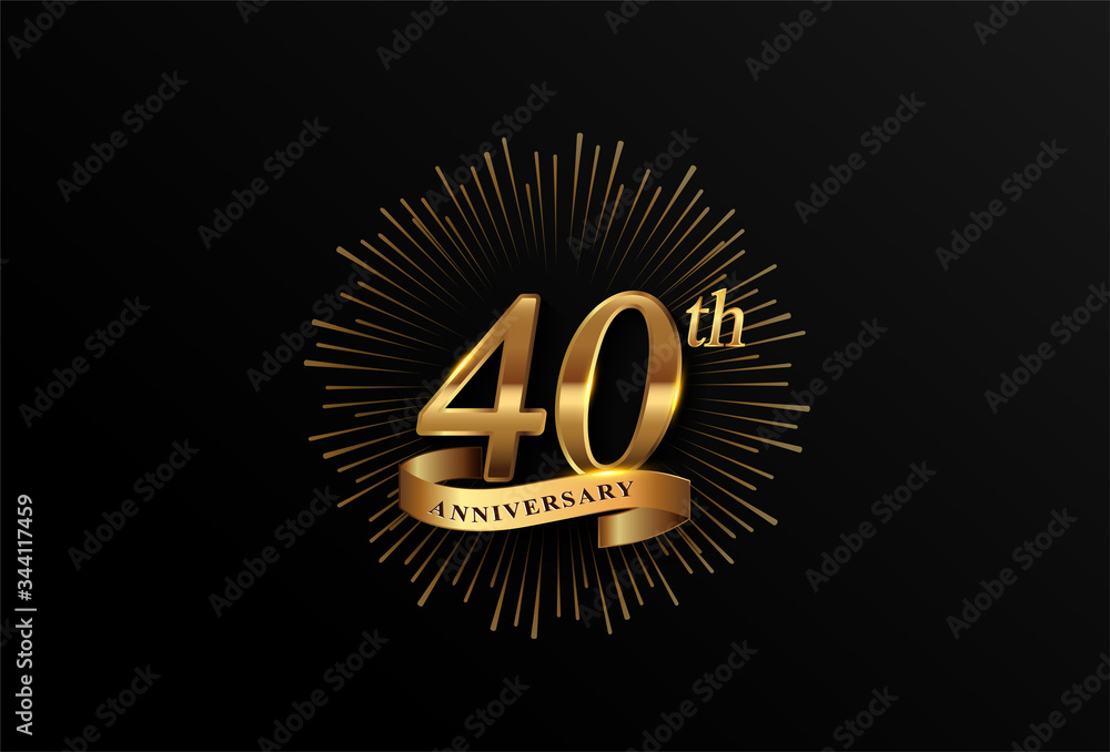 Naklejka premium 40th anniversary logotype with fireworks and golden ribbon, isolated on elegant background. vector anniversary for celebration, invitation card, and greeting card