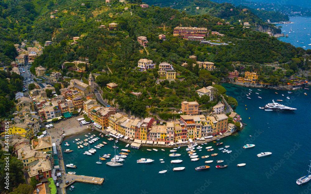 Beautiful shore & bay with colorful houses in Portofino, Portofino bay Italy