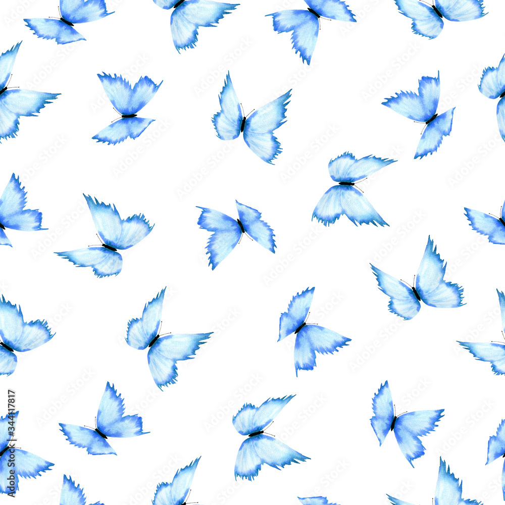 Obraz bezszwowe tło z niebieskimi motylami, jasna dekoracja motyla do tła, plakatu, tkaniny lub projektów owijania