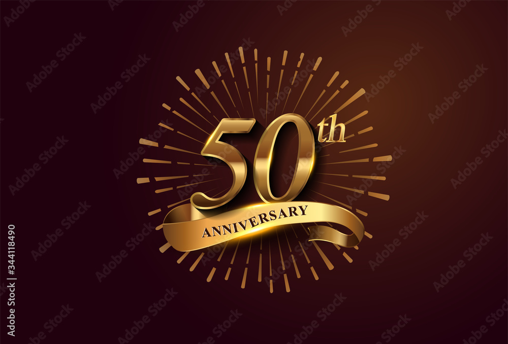 Naklejka premium 50th anniversary logotype with fireworks and golden ribbon, isolated on elegant background. vector anniversary for celebration, invitation card, and greeting card