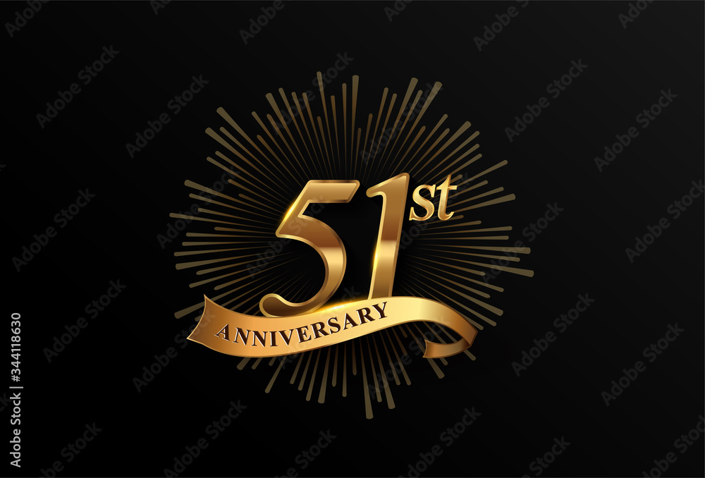 Naklejka premium 51st anniversary logotype with fireworks and golden ribbon, isolated on elegant background. vector anniversary for celebration, invitation card, and greeting card