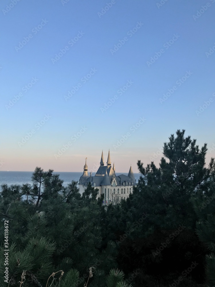Landscape of a building in the coniferous trees outline on the evening sky background above the sea horizon.