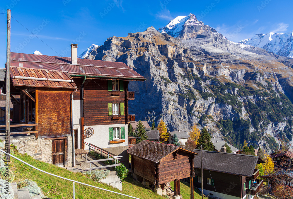 Chalets of Murren village with Jungfrau montain, Berner Oberland