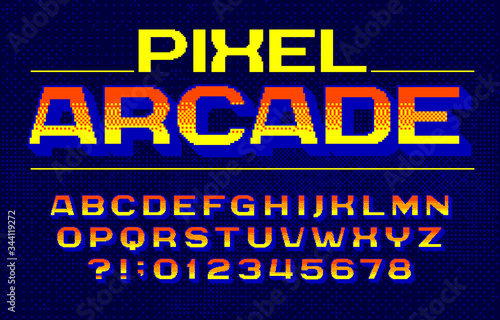 Pixel Arcade alphabet font. Digital gradient letters and numbers. Pixel background. 80s arcade video game typescript.