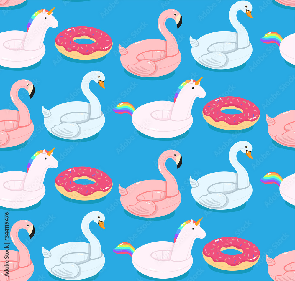 Vector seamless pattern of pool floats flamingo, unicorn, swan, and donut. Circle for the pool, ocean or sea. The concept of leisure and travel. Vector illustration. Vector seamless pattern of pool floats flamingo, unicorn, swan, and donut. Circle for the pool, ocean or sea. The concept of leisure and travel. Vector illustration.
