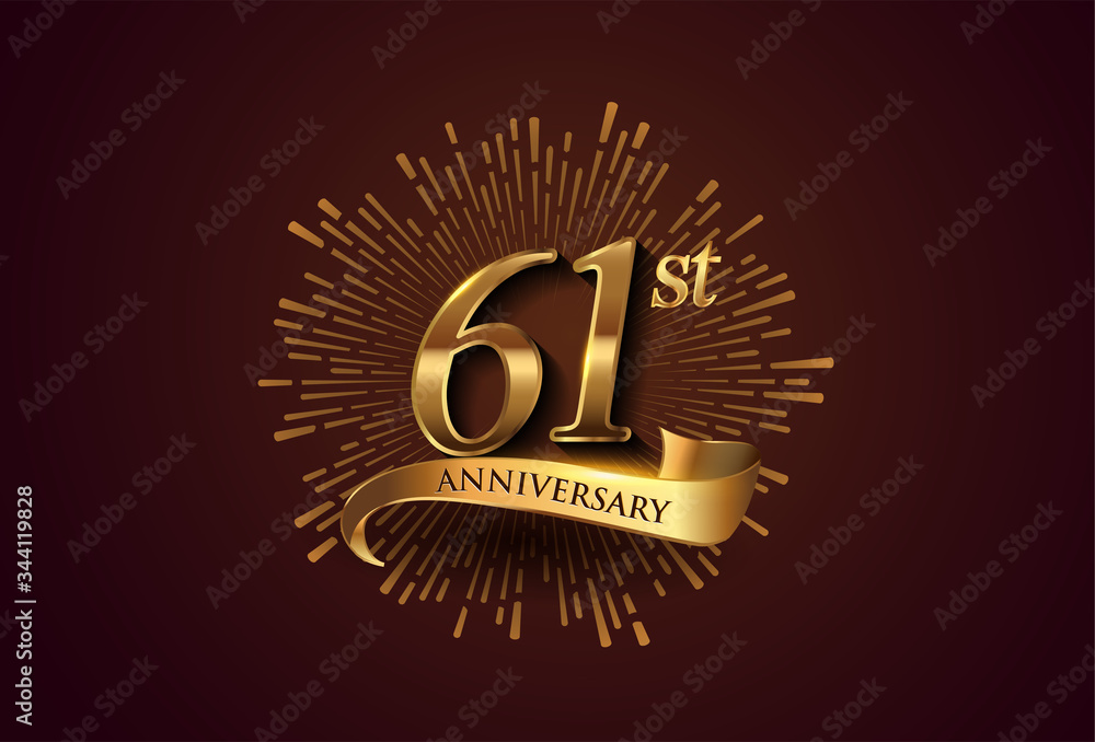 Fototapeta premium 61st anniversary logotype with fireworks and golden ribbon, isolated on elegant background. vector anniversary for celebration, invitation card, and greeting card