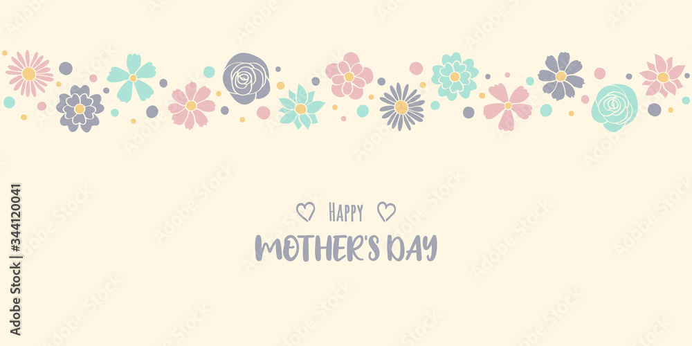 Mother’s Day banner with colourful hand drawn flowers and greetings. Vector