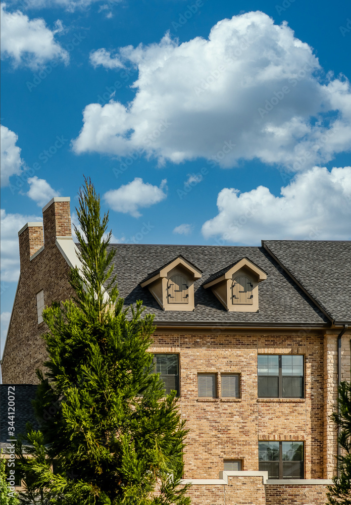 Modern Light Brick Condos with Dormers and cypress tree