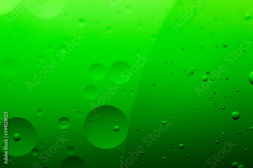 macro photo of oil drops in green water