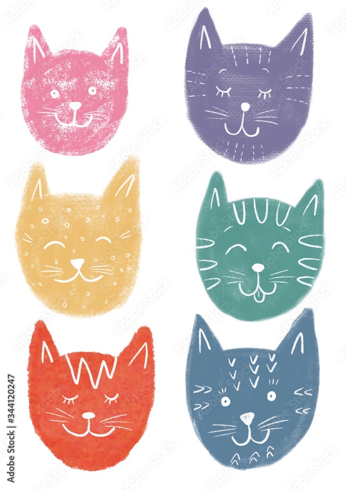 Set heads of cats. Color illustration isolated on white background. Cute illustration for the decor and design of posters, postcards, prints, stickers, invitations, textiles and stationery. Set heads of cats. Color illustration isolated on white background. Cute illustration for the decor and design of posters, postcards, prints, stickers, invitations, textiles and stationery.