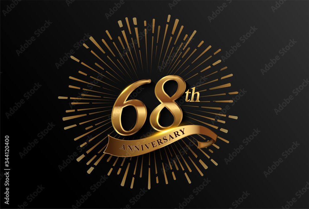 Naklejka premium 68th anniversary logotype with fireworks and golden ribbon, isolated on elegant background. vector anniversary for celebration, invitation card, and greeting card