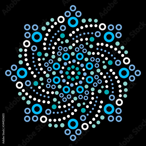 Mandala Aboriginal dot painting tribal vector design, decorative boho style Australian dot art pattern in white and blue on black 