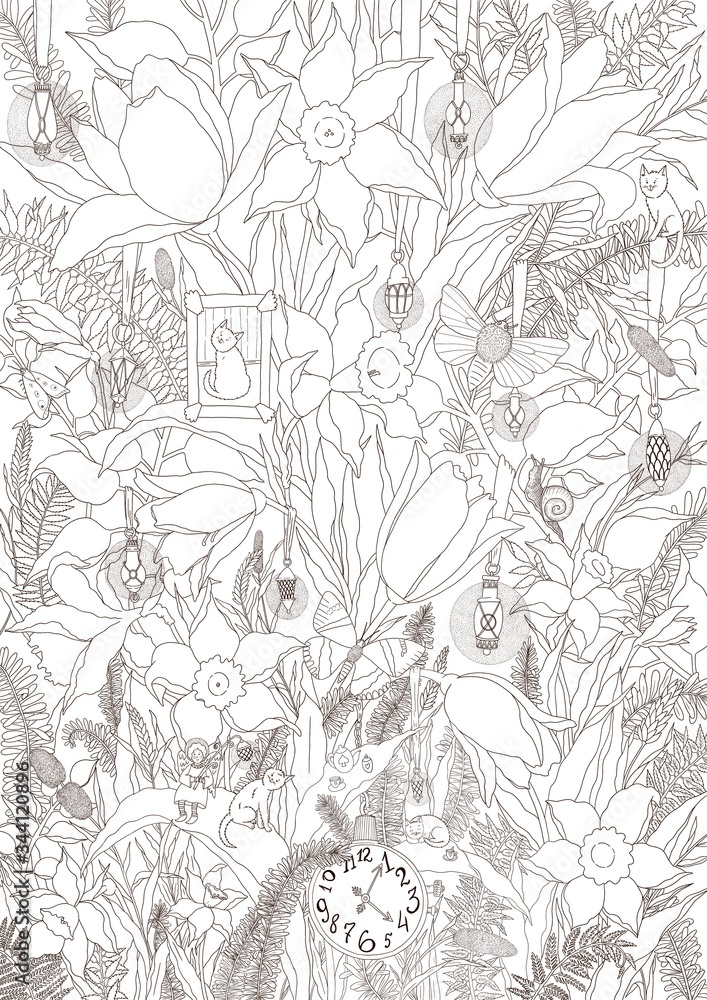 Fototapeta premium Spring flowers tulips and daffodils. Fairy tale drawing. Coloring. Black and white digital illustration. Cute illustration for the decor and design of posters, postcards, prints, stickers.