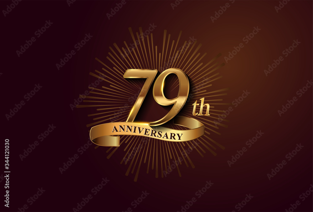 Fototapeta premium 79th anniversary logotype with fireworks and golden ribbon, isolated on elegant background. vector anniversary for celebration, invitation card, and greeting card